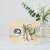 NEUTRAL WHITE STORK BABY SHOWER GEMSTONE MONOGRAM UITNODIGING BRIEFKAART (Staand voorkant)