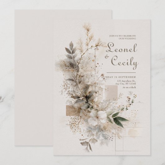 Neutral Wildflower Folk Art Wedding Kaart (Voorkant / Achterkant)