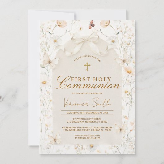Neutral Wildflower Ivory First Holy Communion Kaart (Voorkant)
