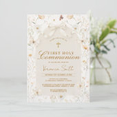 Neutral Wildflower Ivory First Holy Communion Kaart (Staand voorkant)