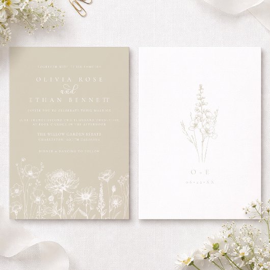 Neutral Wildflower Line Art Wedding Invitation Kaart