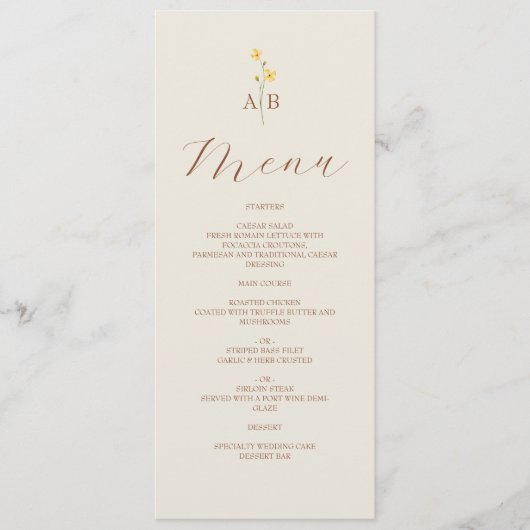 Neutral Wildflower Wedding Menu Kaart (Voorkant)
