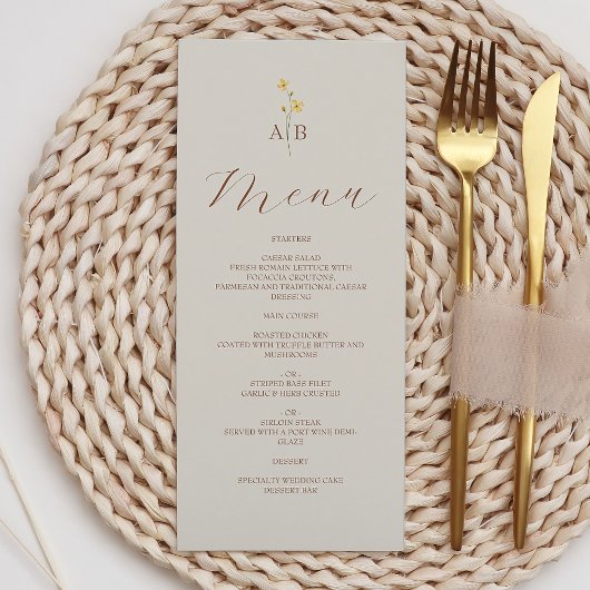 Neutral Wildflower Wedding Menu Kaart
