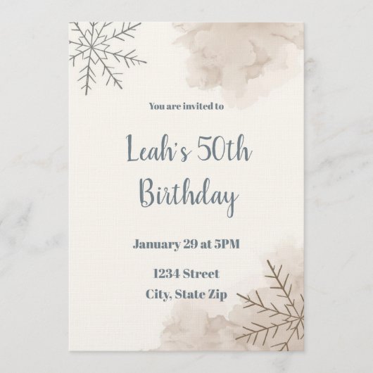 Neutral Winter 50th Birthday Invitation – Minimal Kaart (Voorkant)