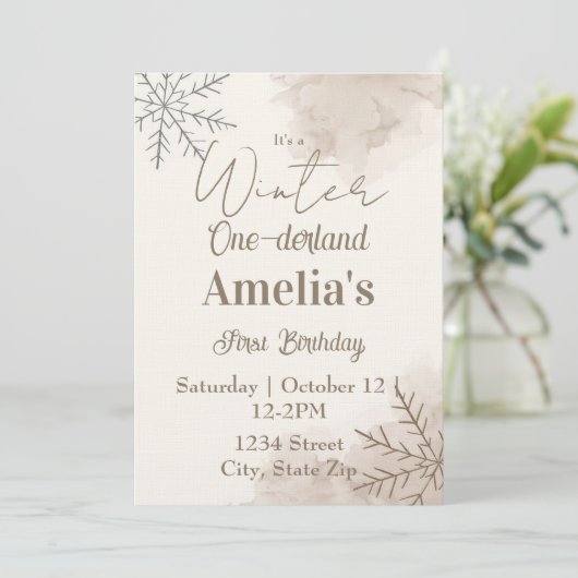 Neutral Winter First Birthday Invitation – Minimal Kaart (Staand voorkant)