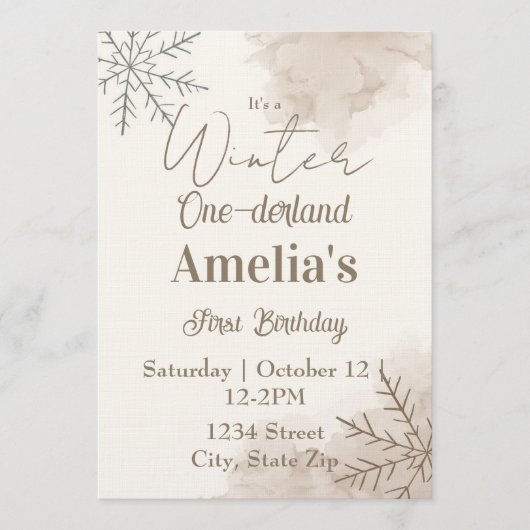 Neutral Winter First Birthday Invitation – Minimal Kaart (Voorkant)