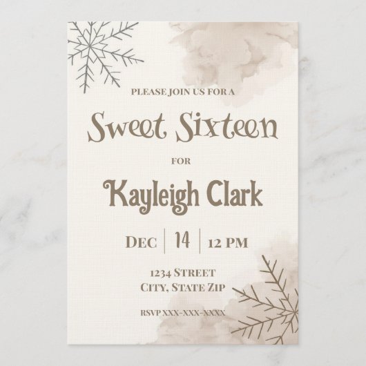 Neutral Winter Sweet Sixteen Invitation – Minimal Kaart (Voorkant)