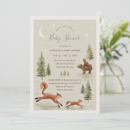 Neutral Woodland Animals Baby shower Invitation Kaart (Staand voorkant)