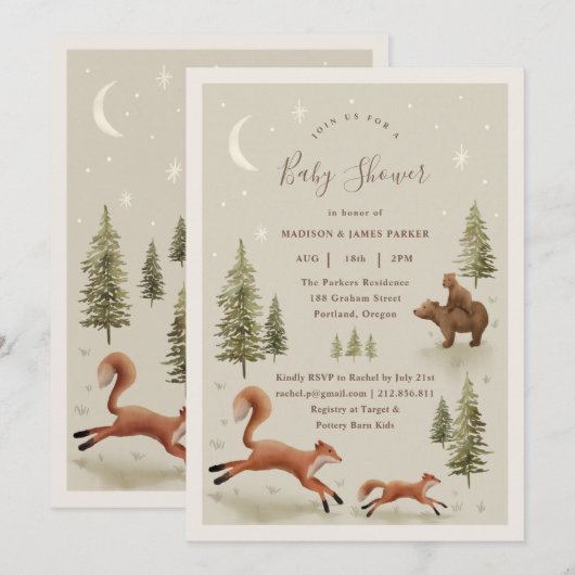 Neutral Woodland Animals Baby shower Invitation Kaart (Voorkant / Achterkant)