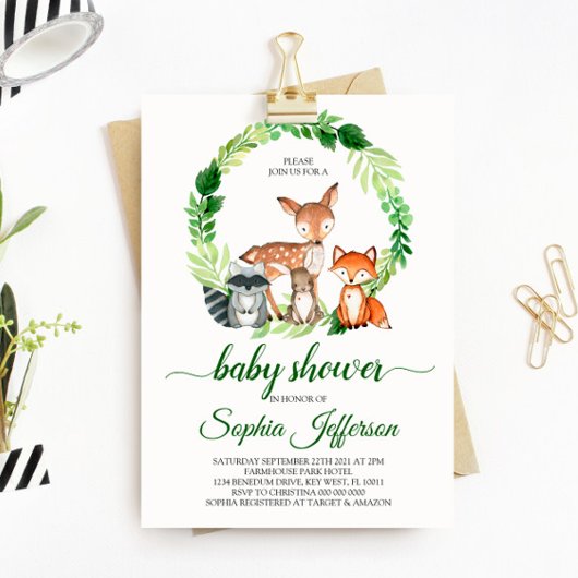 Neutral Woodland Baby shower Forest Animals Green Kaart
