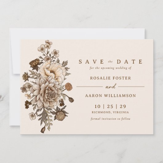 Neutrale aardse crème + bruin | bloemen save the date (Voorkant)