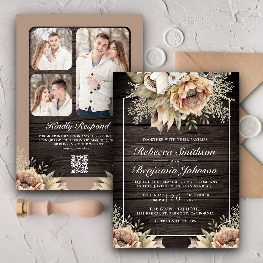 Neutrale aardse taupe bloemencode houten QR-code b Kaart
