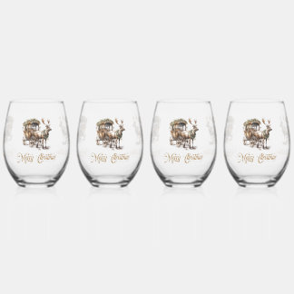 Neutrale aardse tinten groen kerstrendier wijnglas zonder voet