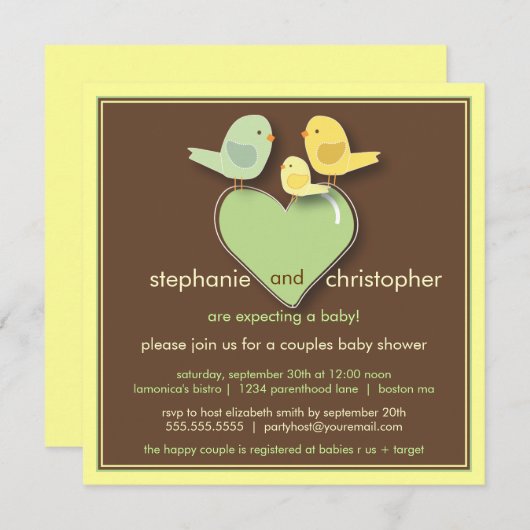 Neutrale Baby shower Uitnodiging om vogels te bevr (Voorkant / Achterkant)