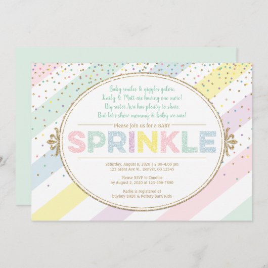 Neutrale baby sprinkle uitnodiging multicolor gold (Voorkant / Achterkant)