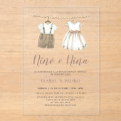 Neutrale babykleding Spaans geslacht onthullen Acryl Uitnodigingen (Voorkant)