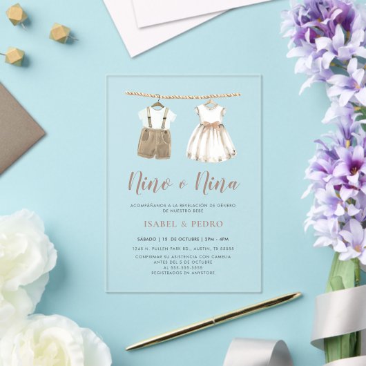 Neutrale babykleding Spaans geslacht onthullen Acryl Uitnodigingen (Insitu (Huwelijk))