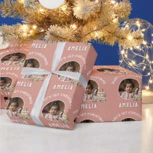 Neutrale Baby's 1e kerst trein aandenken foto Cadeaupapier