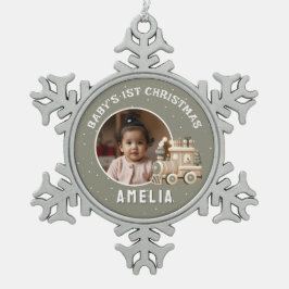 Neutrale Baby's 1e Kerstmis Trein Aandenken Foto Tin Sneeuwvlok Ornament