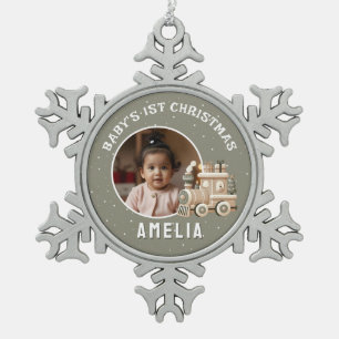 Neutrale Baby's 1e Kerstmis Trein Aandenken Foto Tin Sneeuwvlok Ornament