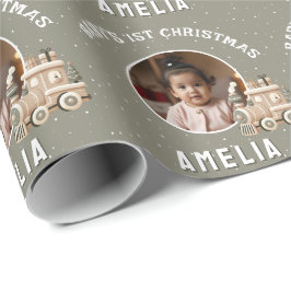 Neutrale Baby's 1e kersttrein Aandenken Foto Cadeaupapier