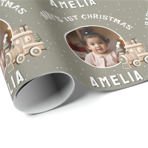 Neutrale Baby's 1e kersttrein Aandenken Foto Cadeaupapier