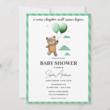 Neutrale babyshower uitnodiging teddybeer groen ba