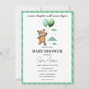 Neutrale babyshower uitnodiging teddybeer groen ba