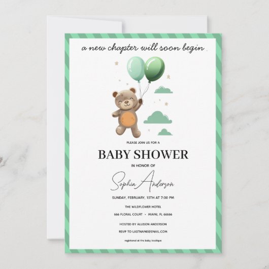 Neutrale babyshower uitnodiging teddybeer groen ba (Voorkant)