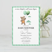 Neutrale babyshower uitnodiging teddybeer groen ba (Staand voorkant)