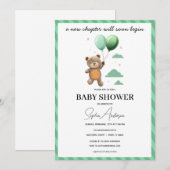 Neutrale babyshower uitnodiging teddybeer groen ba (Voorkant / Achterkant)
