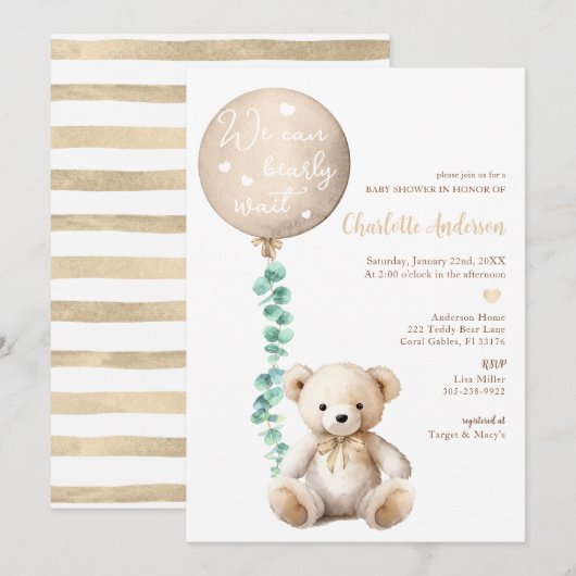 Neutrale Bearly Wait Eucalyptus Baby shower Uitnod Kaart (Voorkant / Achterkant)