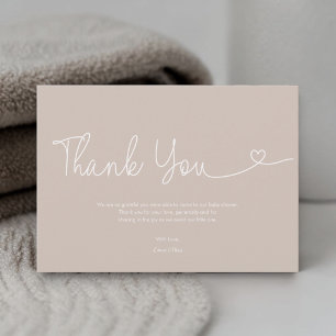 Neutrale Beige aardetoon Baby Shower Script Hart Bedankkaart