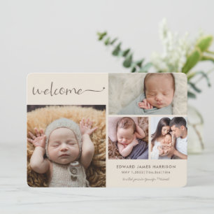 Neutrale Beige Baby Fotocollage Welkom Geboorte Aankondiging