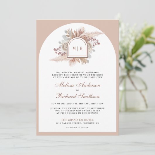 Neutrale Beige Bloemen Boho Pampas QR Code Bruilof Kaart (Staand voorkant)