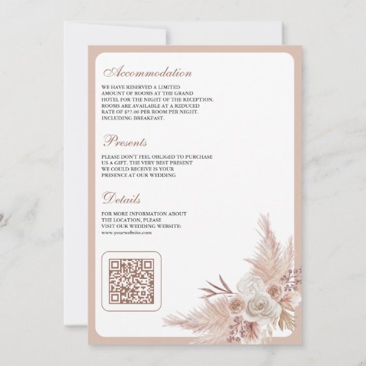 Neutrale Beige Bloemen Boho Pampas QR Code Bruilof Kaart (Achterkant)