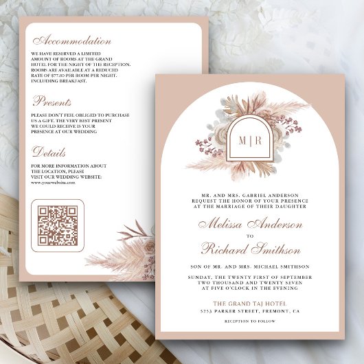 Neutrale Beige Bloemige Boho Pampas QR Code Trouwe Kaart