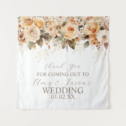 Neutrale Beige Bloemrijke Botanische Trouw Bruin Wandkleed (Voorkant)