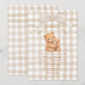 Neutrale Beige Gingham Beer Babyshower Uitnodiging (Voorkant / Achterkant)