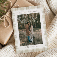 Neutrale Beige Gingham Familie Foto Kerstkaart 