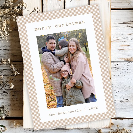 Neutrale Beige Gingham Kerstfoto Feestdagenkaart