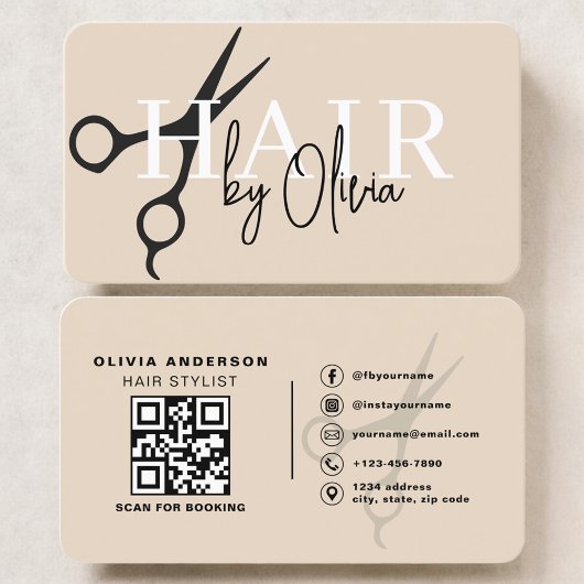 Neutrale beige kapper schaar QR-code Visitekaartje