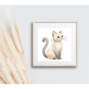 Neutrale Beige Kat Borduurwerk Boho Kat Poster