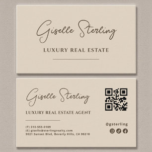 Neutrale Beige Minimalistische Script QR-code Visitekaartje