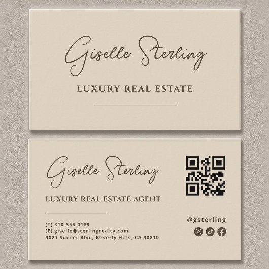 Neutrale Beige Minimalistische Script QR-code Visitekaartje