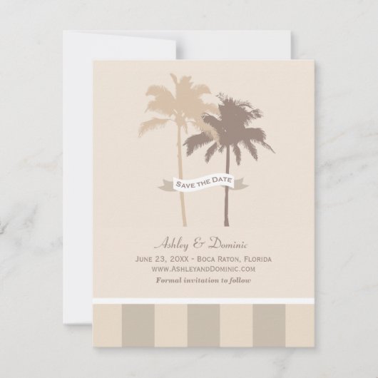 Neutrale beige palmbomen strand bruiloft save the date (Voorkant)