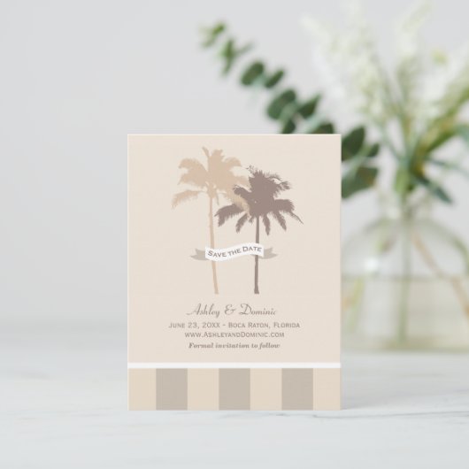Neutrale beige palmbomen strand bruiloft save the date (Staand voorkant)