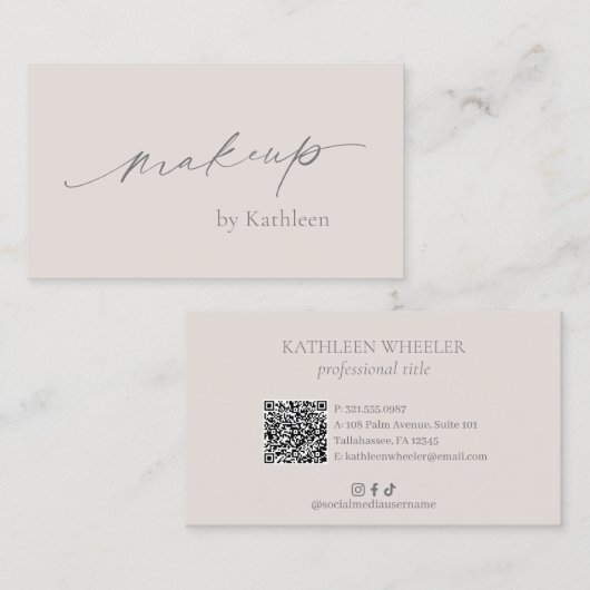 Neutrale Beige QR Code Elegante Make-up Artiest Mo Visitekaartje (Voorkant / Achterkant)
