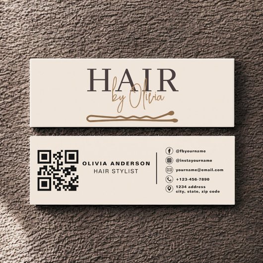 Neutrale Beige QR Code Haarstylist Modern Mini Visitekaartje