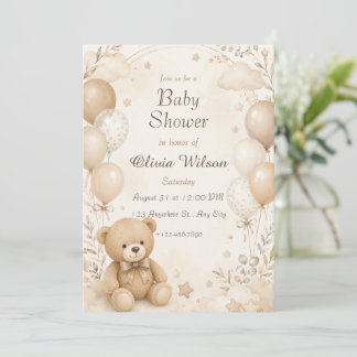 Neutrale Beige Teddydbeer Baby Shower Uitnodiging